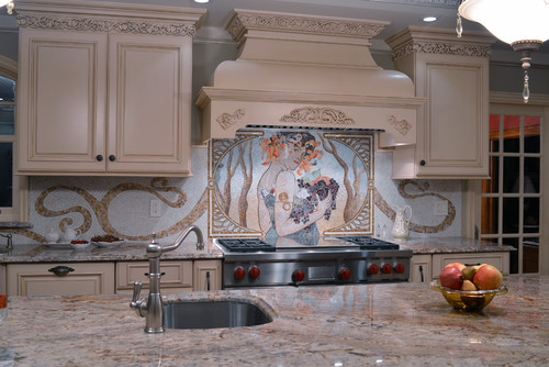 Custom Handmade Glass Mosaic Backsplash with Typhoon Bordeaux Granite Countertop and Destin Color Mocha Glazed White Cabinets